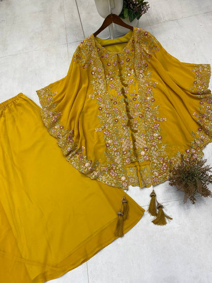 Full Stitched Faux Georgette Embroidery Co-ord Set with Shrug