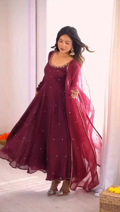 Fully Flaired Wine Georgette Anarkali Gown Set