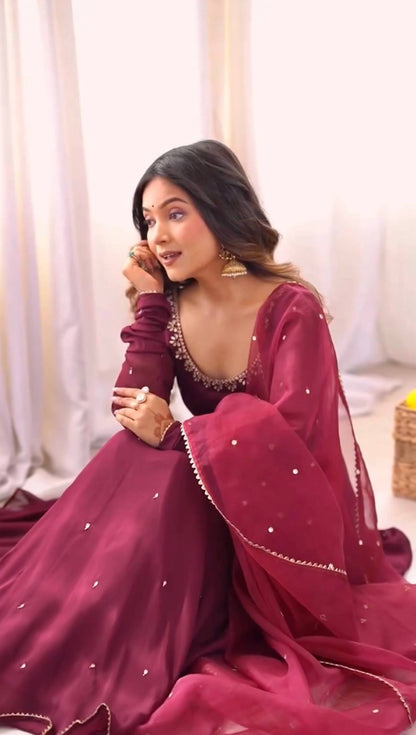 Fully Flaired Wine Georgette Anarkali Gown Set