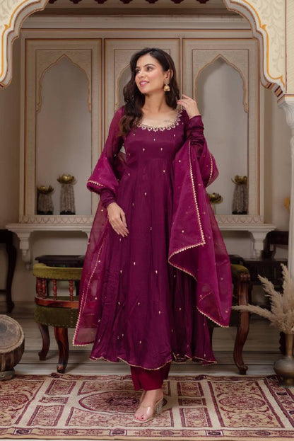 Fully Flaired Wine Georgette Anarkali Gown Set
