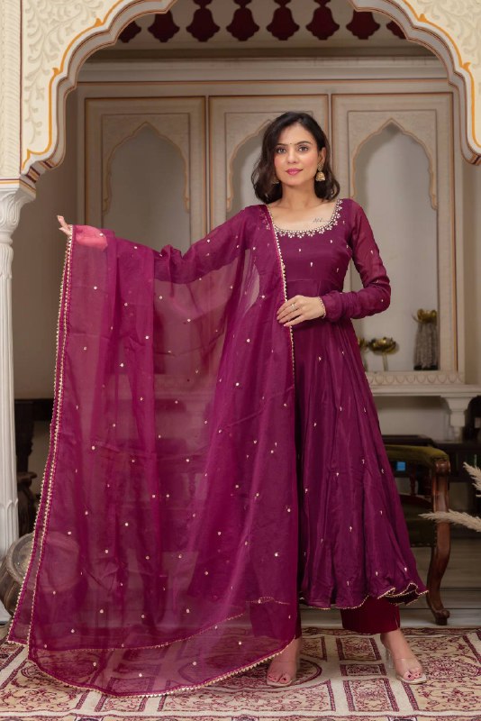 Fully Flaired Wine Georgette Anarkali Gown Set