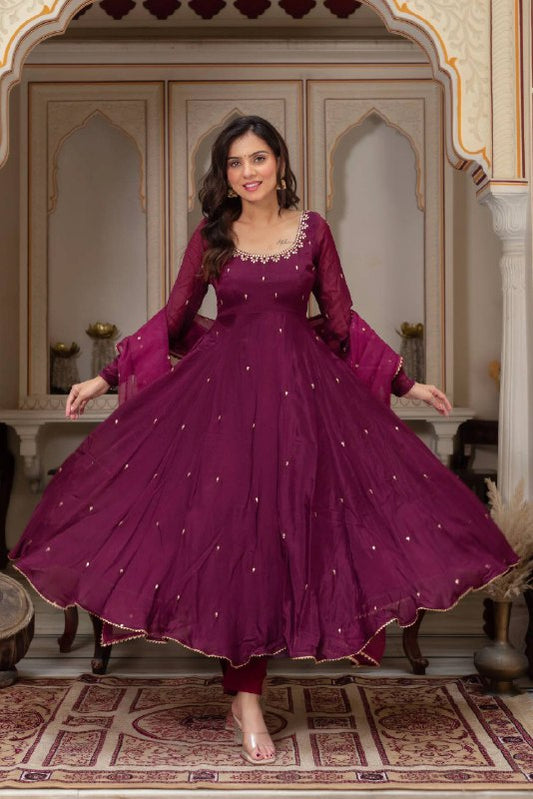 Fully Flaired Wine Georgette Anarkali Gown Set