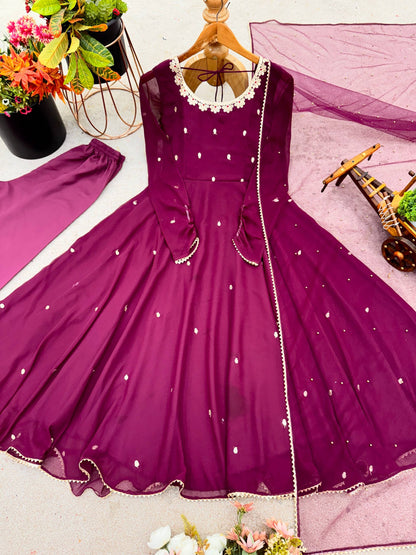 Fully Flaired Wine Georgette Anarkali Gown Set