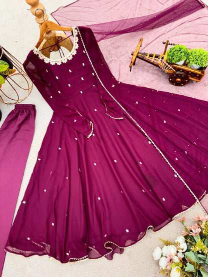 Fully Flaired Wine Georgette Anarkali Gown Set