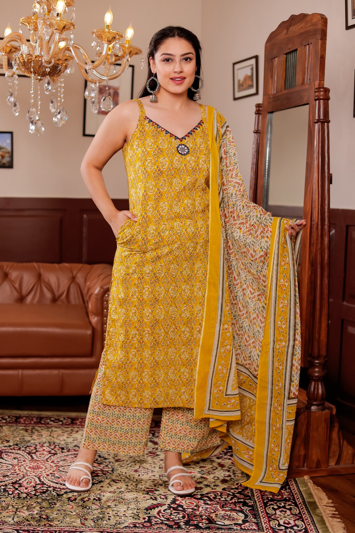 Stunning Yellow Sleeveless Handwork Mul Cotton Kurti Set