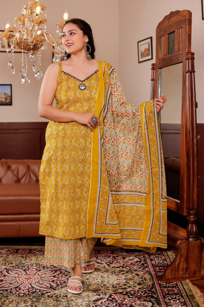 Stunning Yellow Sleeveless Handwork Mul Cotton Kurti Set