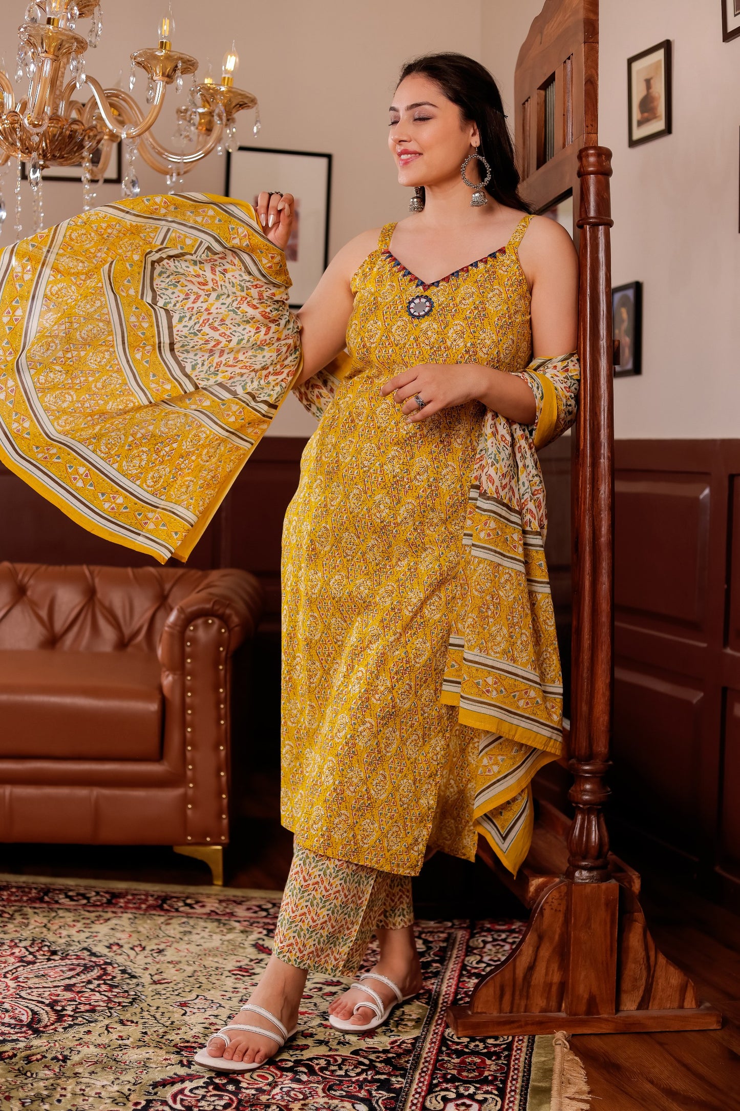 Stunning Yellow Sleeveless Handwork Mul Cotton Kurti Set