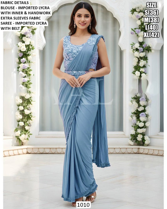 Stunning Sky Blue Ready to Wear Saree With Sleeveless Blouse