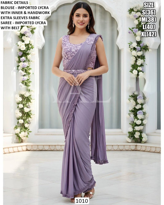 Light Lovender Ready To Wear Saree with Hand Work Blouse