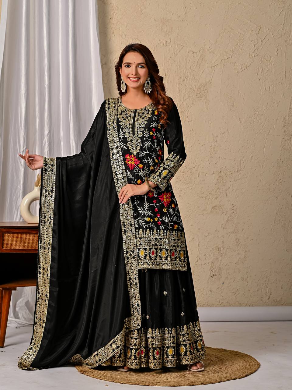 Black Embroidered Kurta Sharara Set with Gold Zari Work