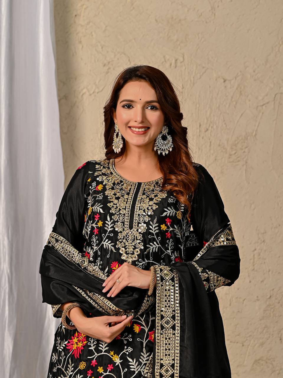 Black Embroidered Kurta Sharara Set with Gold Zari Work