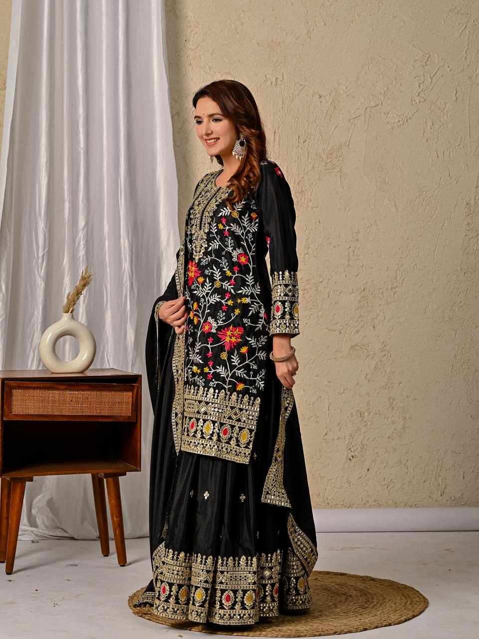 Black Embroidered Kurta Sharara Set with Gold Zari Work