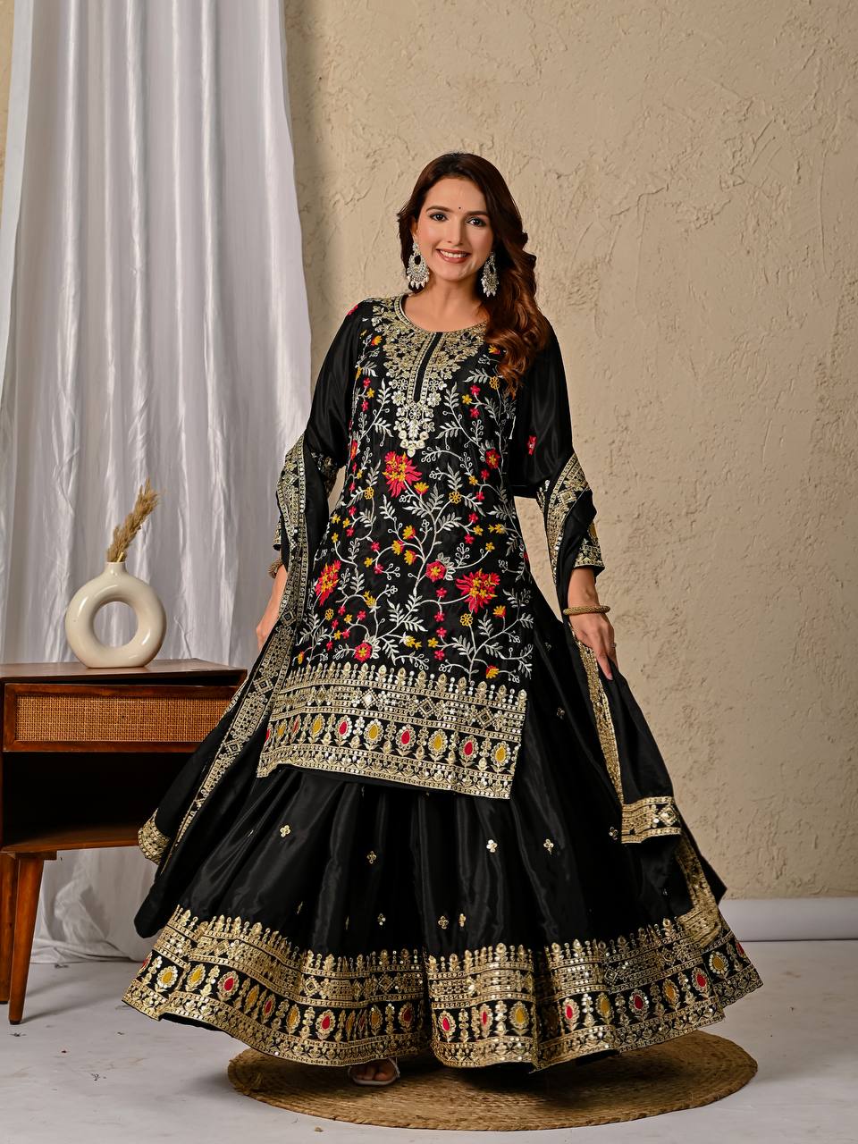 Black Embroidered Kurta Sharara Set with Gold Zari Work