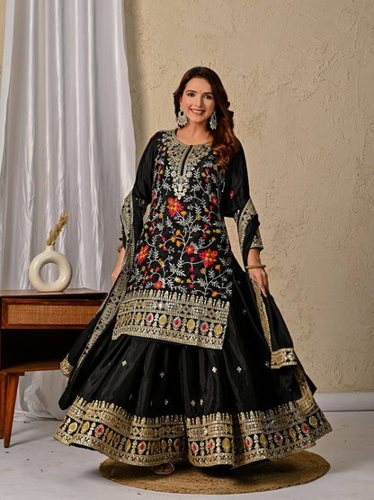 Black Embroidered Kurta Sharara Set with Gold Zari Work