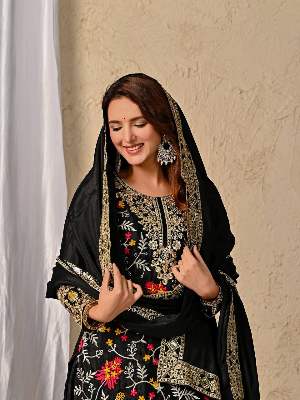 Black Embroidered Kurta Sharara Set with Gold Zari Work