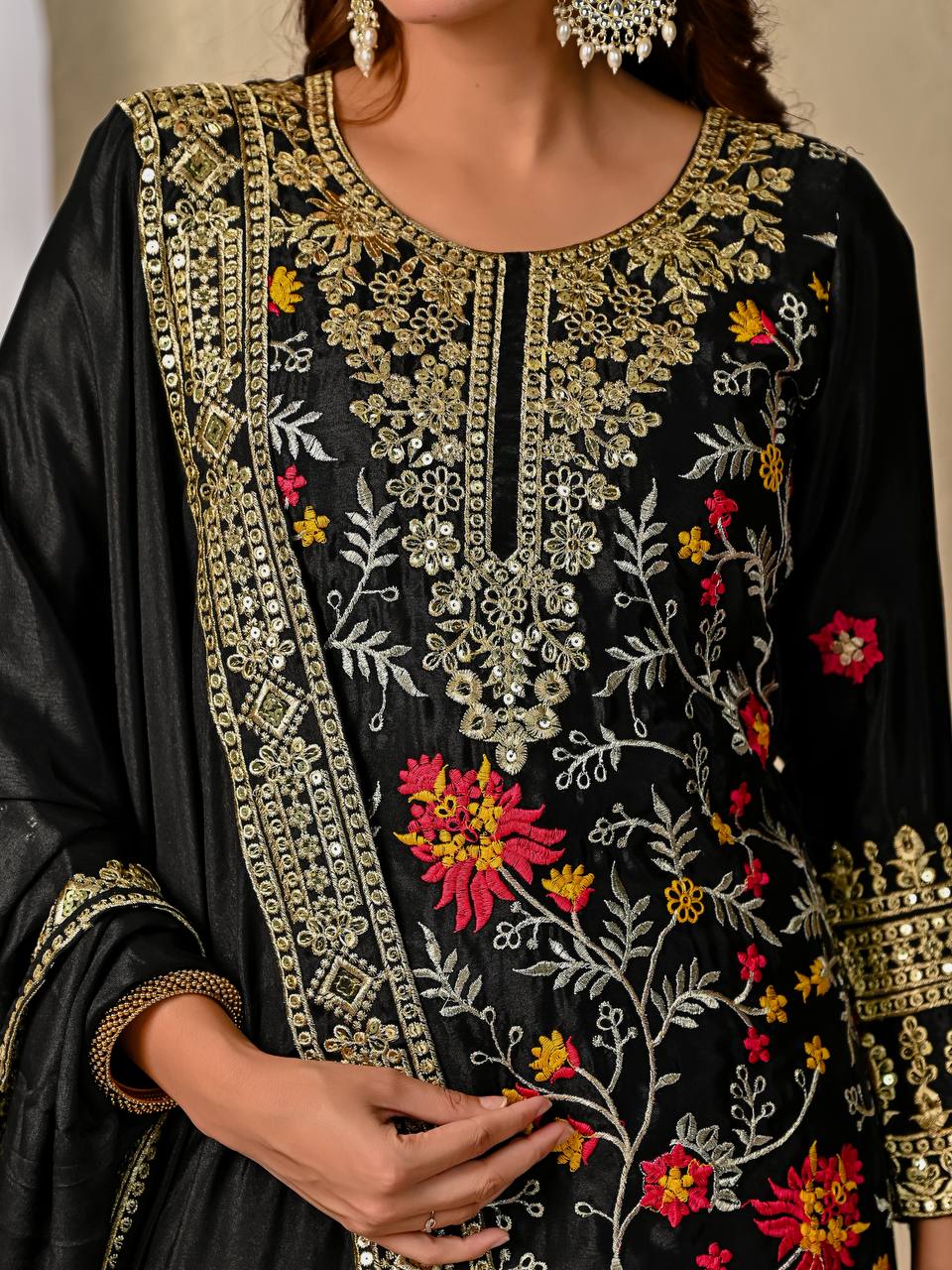 Black Embroidered Kurta Sharara Set with Gold Zari Work