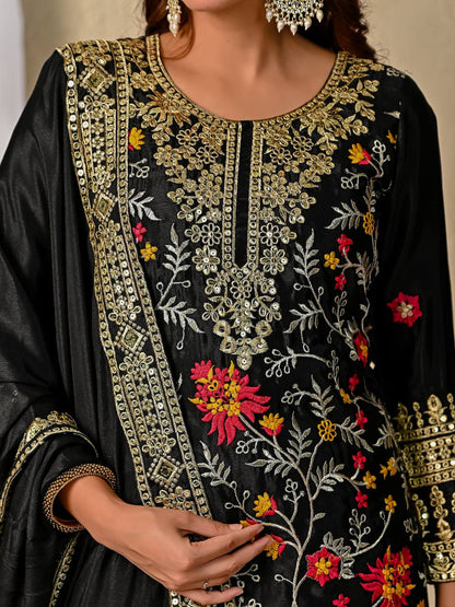 Black Embroidered Kurta Sharara Set with Gold Zari Work