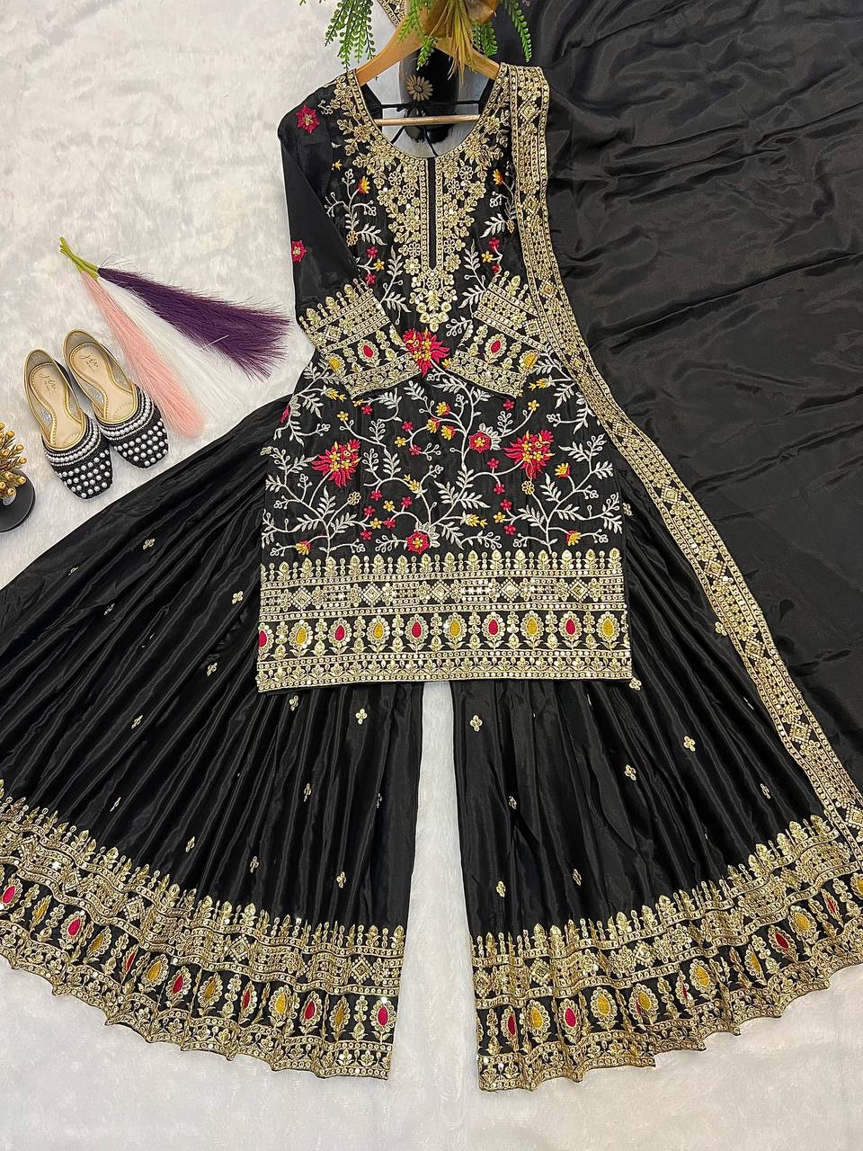 Black Embroidered Kurta Sharara Set with Gold Zari Work