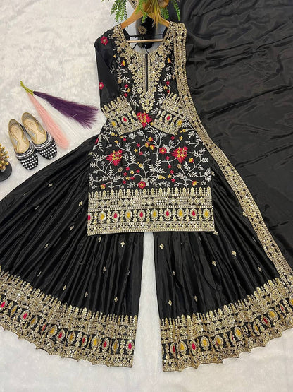 Black Embroidered Kurta Sharara Set with Gold Zari Work