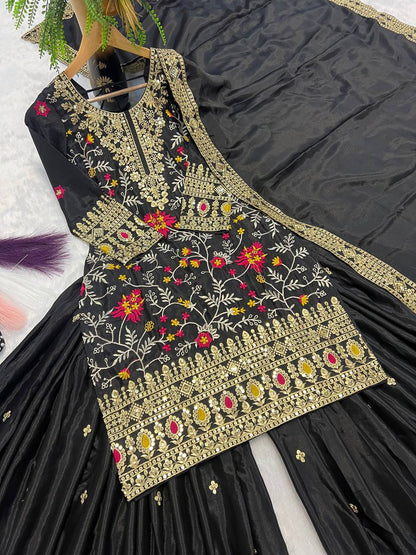 Black Embroidered Kurta Sharara Set with Gold Zari Work