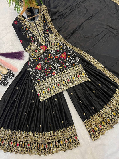 Black Embroidered Kurta Sharara Set with Gold Zari Work