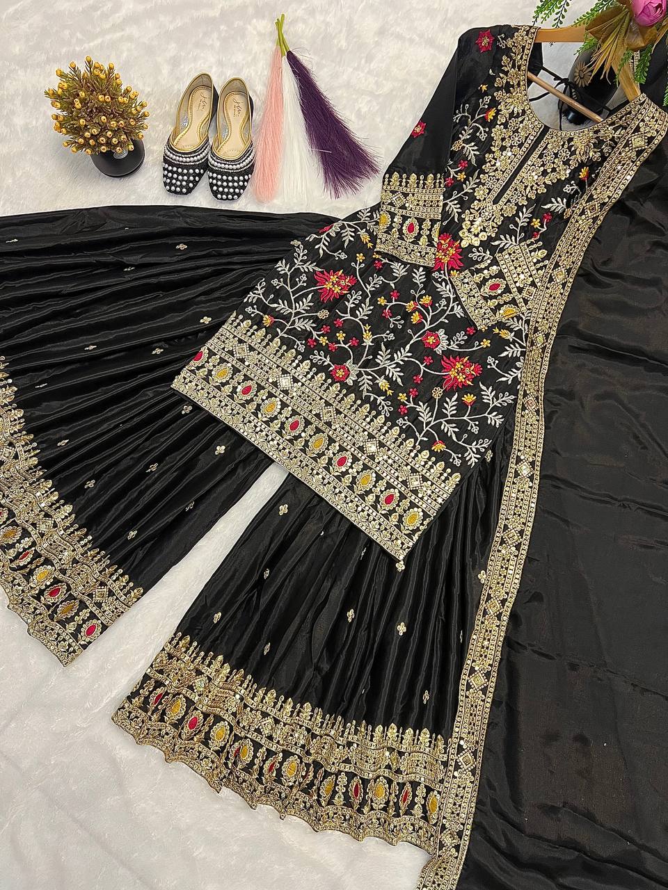 Black Embroidered Kurta Sharara Set with Gold Zari Work
