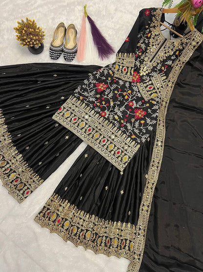 Black Embroidered Kurta Sharara Set with Gold Zari Work