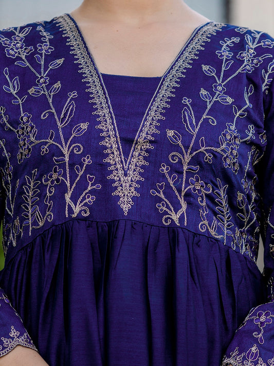 Stunning Vichitra Silk Embroidered Flared Kurti Set