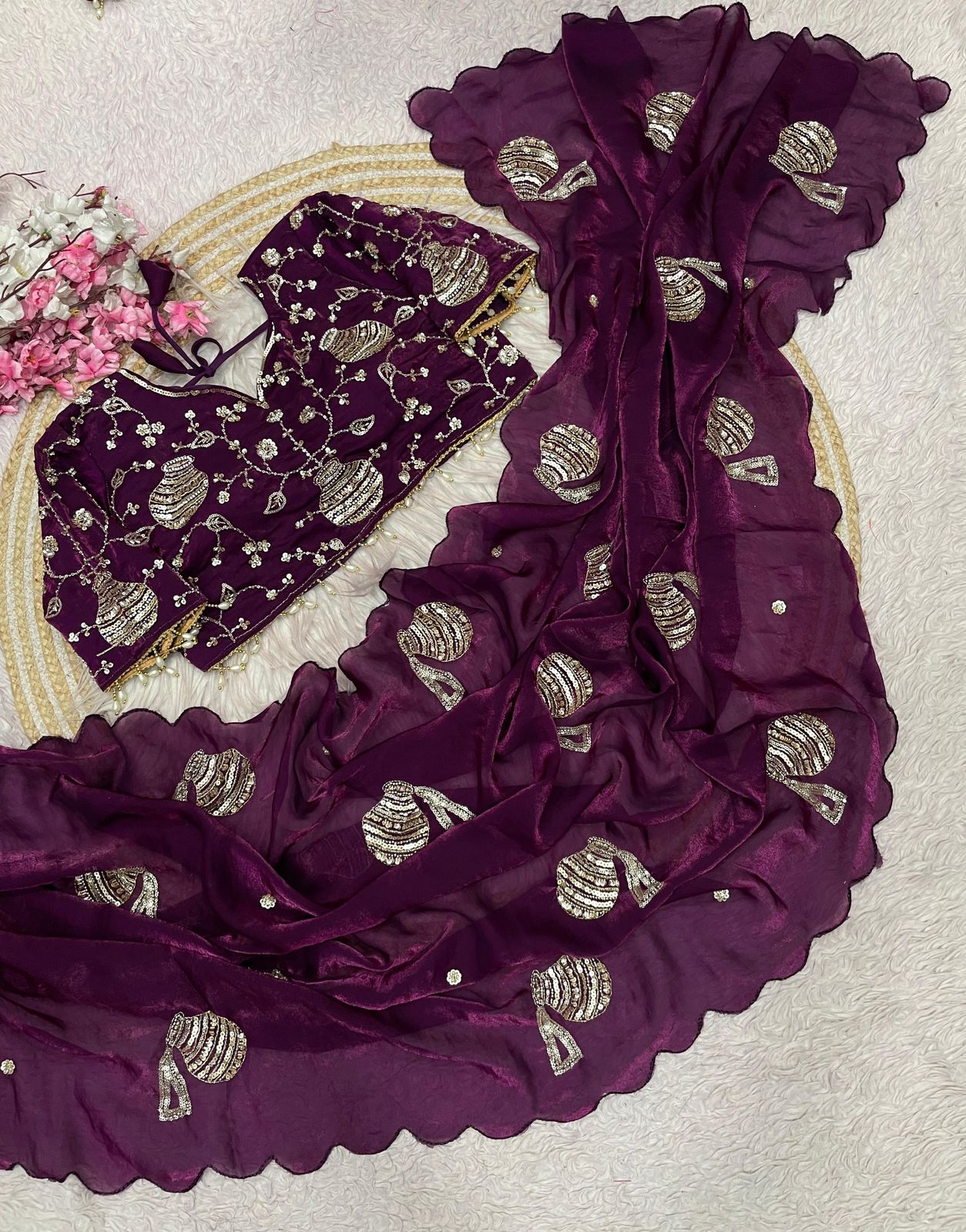 Wine Matka Handwork Satin Saree With Blouse