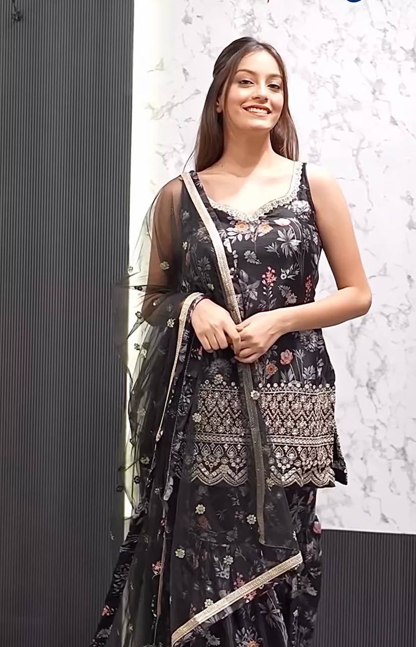 Chic Black Floral Printed Sharara Set with Gold Embroidered