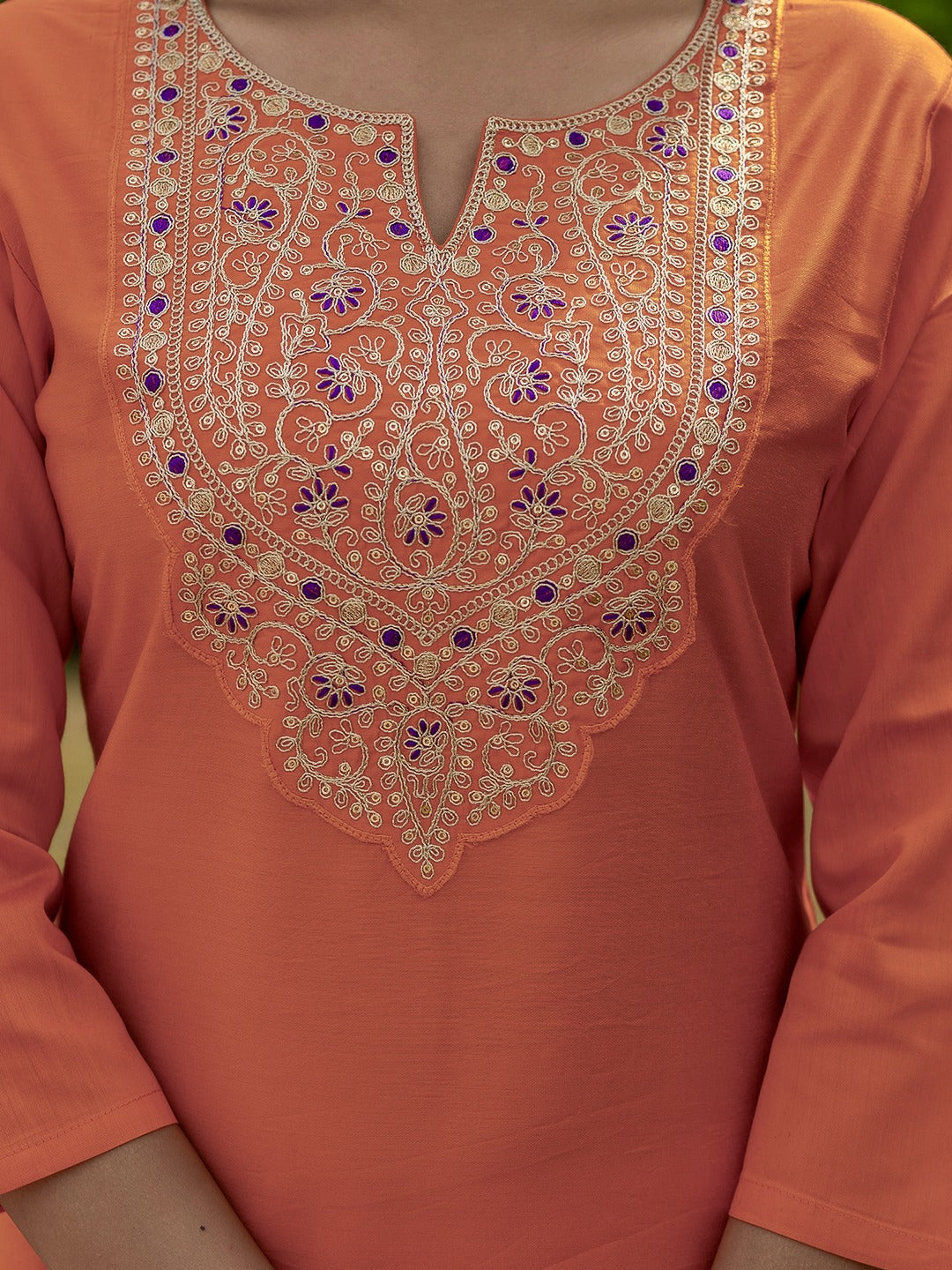 Orange Rayon Embroidered Straight Kurta With Pant
