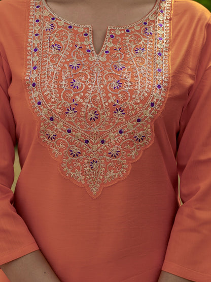 Orange Rayon Embroidered Straight Kurta With Pant