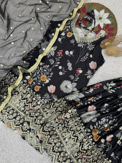 Chic Black Floral Printed Sharara Set with Gold Embroidered