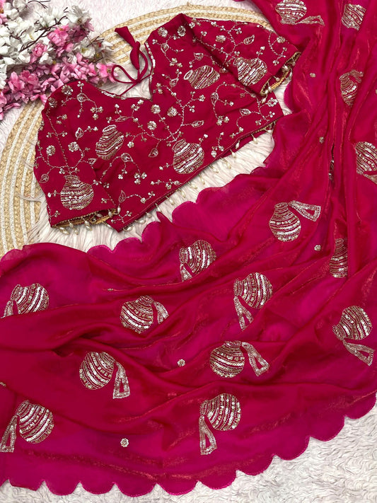 Rani Pink Fandy Satin Handwork Saree With Stich Blouse