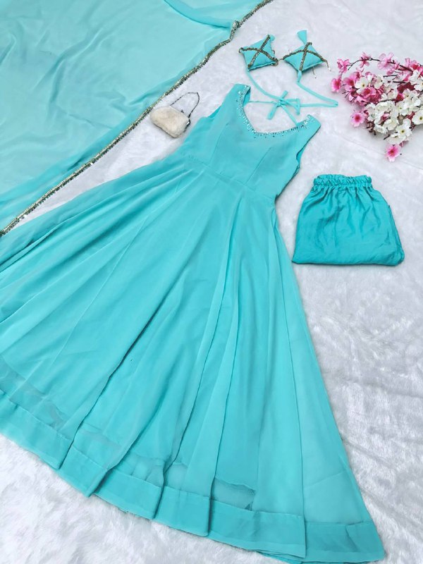 Sky Blue Plain Georgette Anarkali Kurti With Pant Dupatta Set