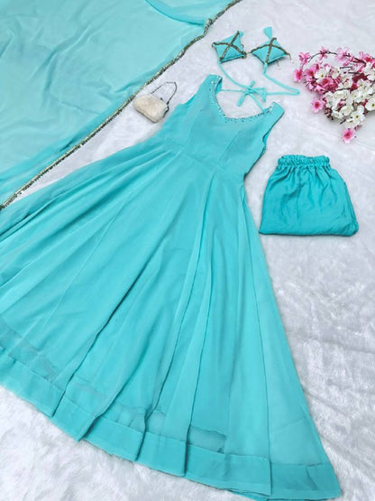 Sky Blue Plain Georgette Anarkali Kurti With Pant Dupatta Set
