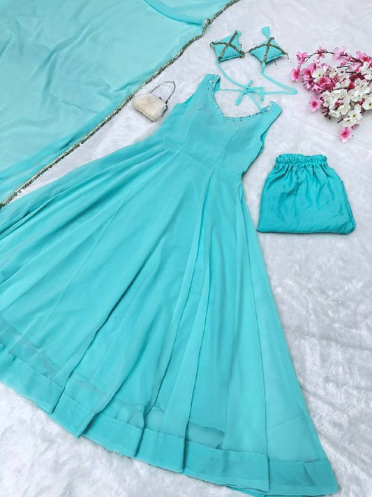 Sky Blue Plain Georgette Anarkali Kurti With Pant Dupatta Set