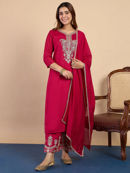 Rani Pink Embroidered Kurti Pant Set