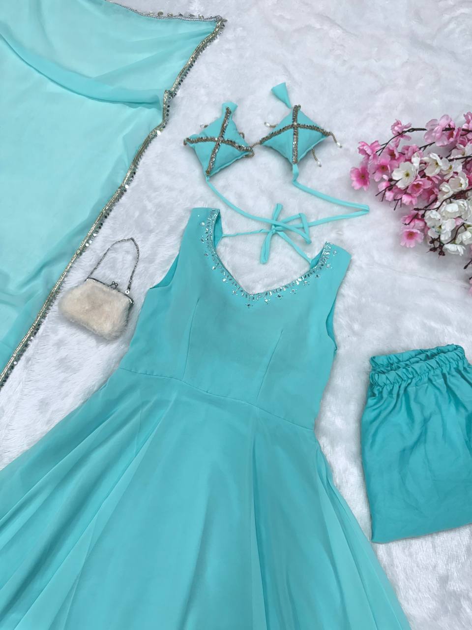 Sky Blue Plain Georgette Anarkali Kurti With Pant Dupatta Set