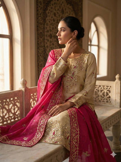 Cream And Pink Embroidered Palazzo Suit Set
