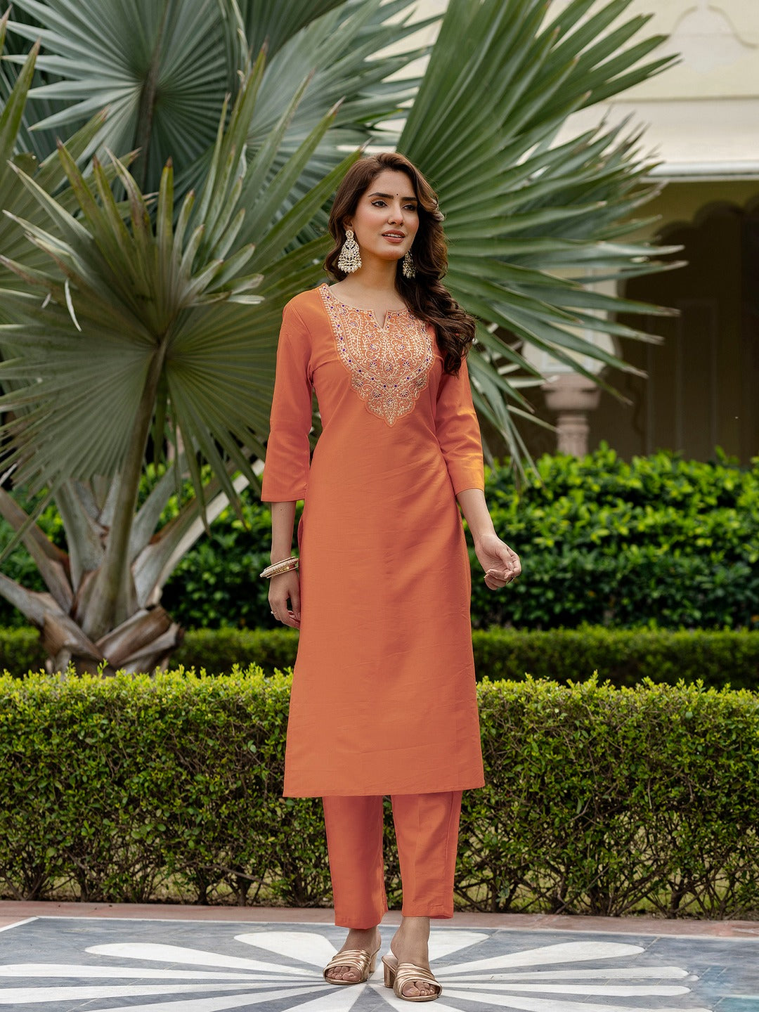 Orange Rayon Embroidered Straight Kurta With Pant