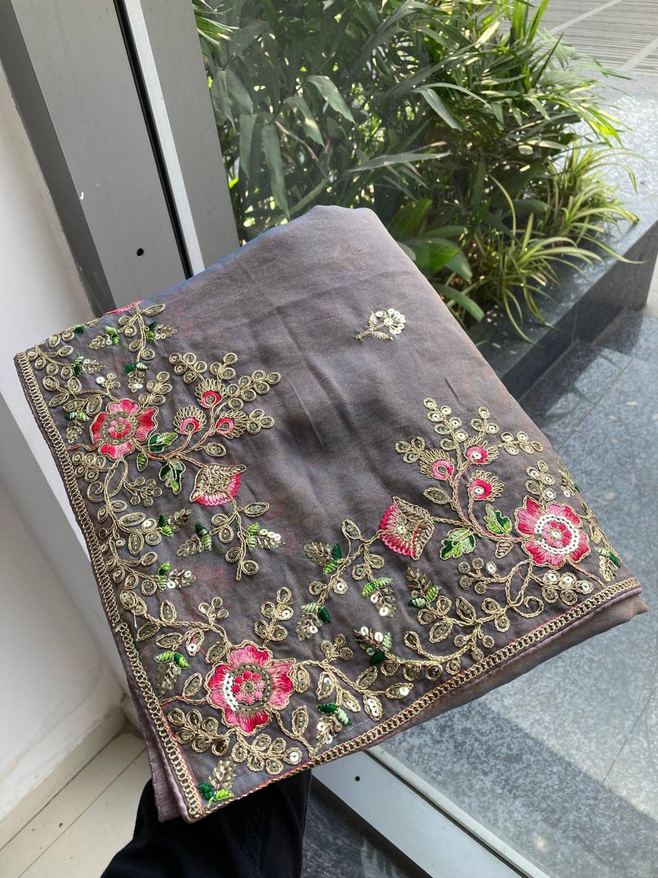 Elegance  Embroidery Cutwork Chiffon Saree