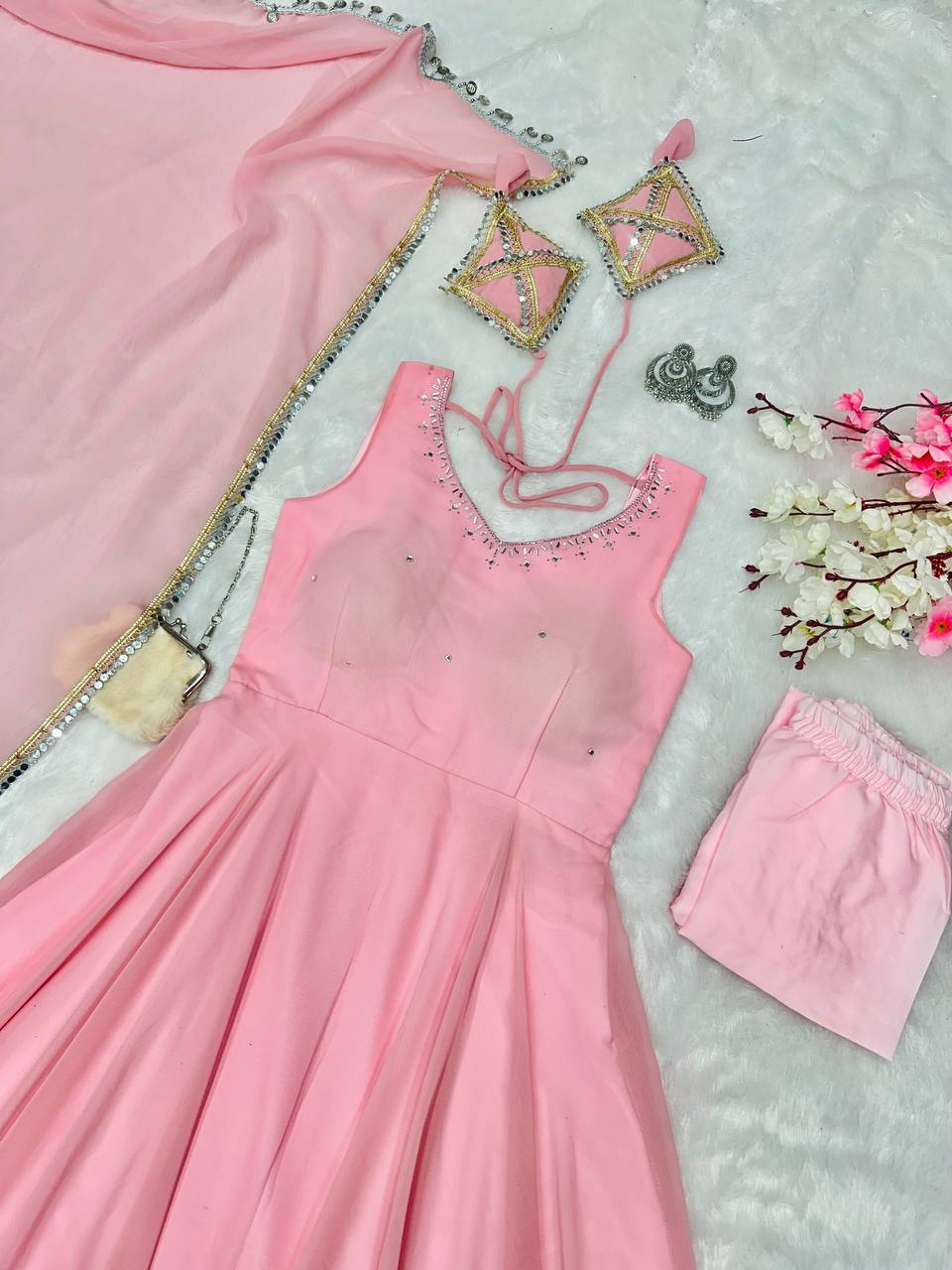 Baby Pink Plain Gergette Sleeveless Anarkali Kurti