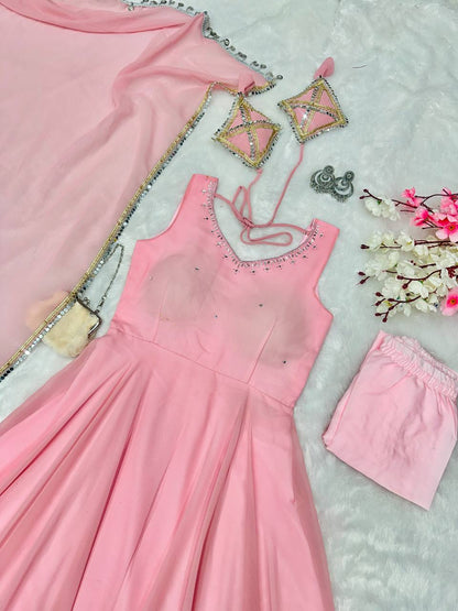 Baby Pink Plain Gergette Sleeveless Anarkali Kurti