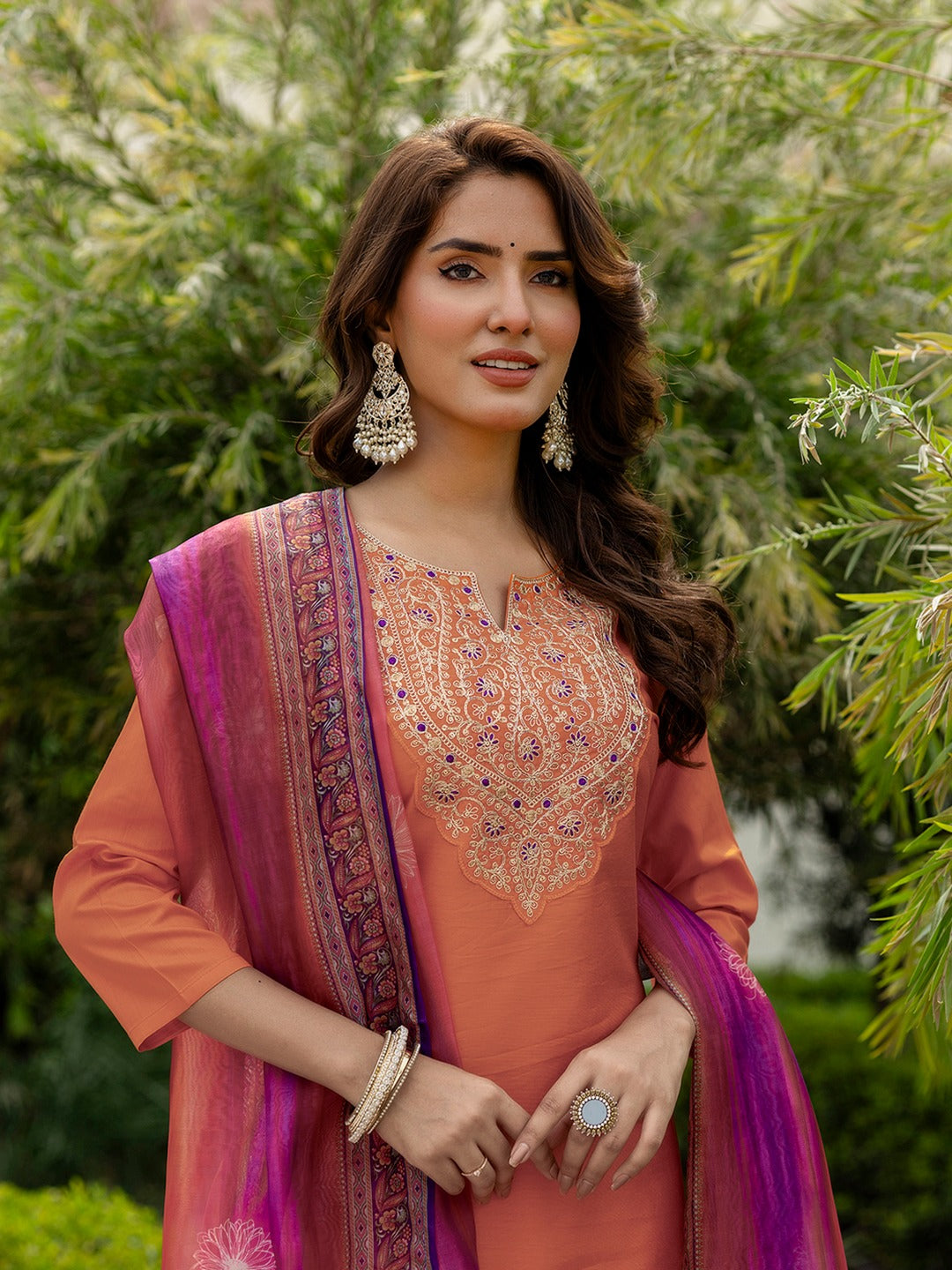 Orange Rayon Embroidered Straight Kurta With Pant