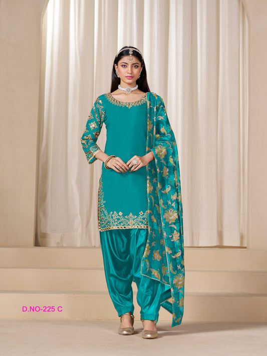 Elegant Silk Teal Panjabi Suit with Embroidery Work