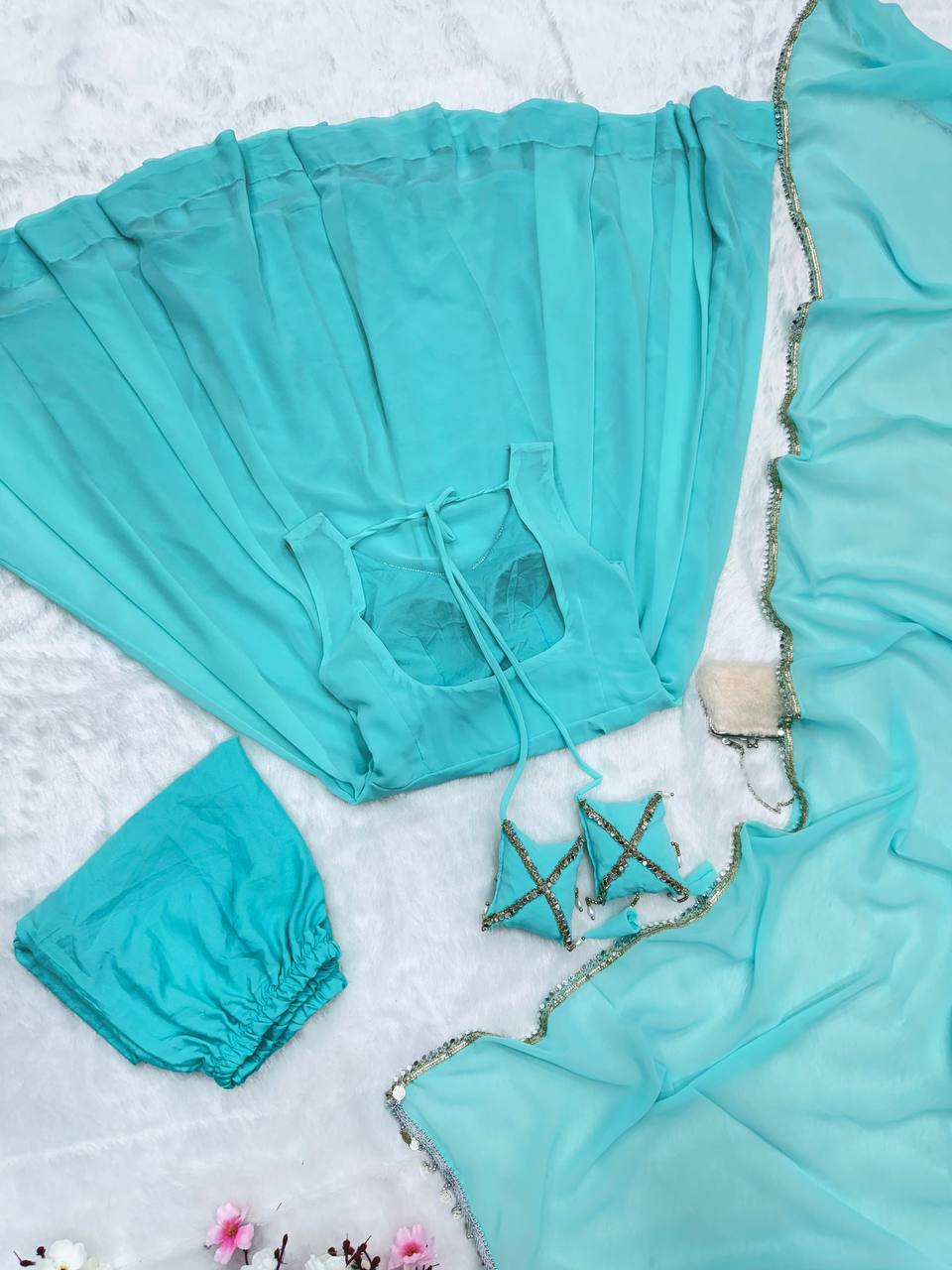 Sky Blue Plain Georgette Anarkali Kurti With Pant Dupatta Set