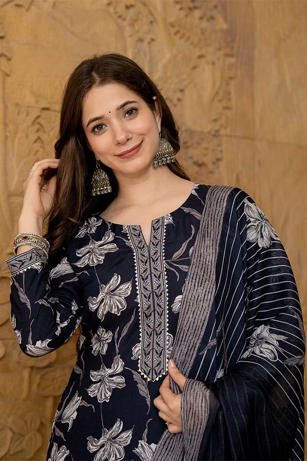 Cotton Flower Print Kurti Pant Set