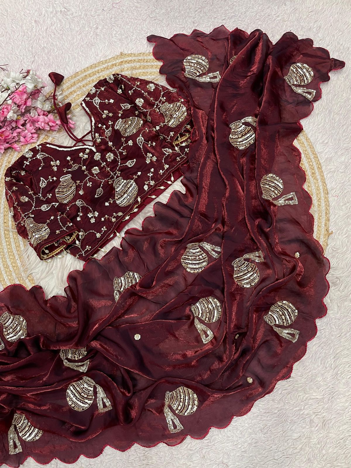 Elegent Marron Khatli Brits Satin Saree