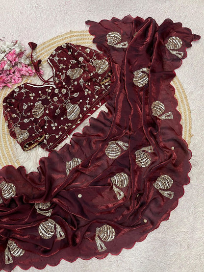 Elegent Marron Khatli Brits Satin Saree